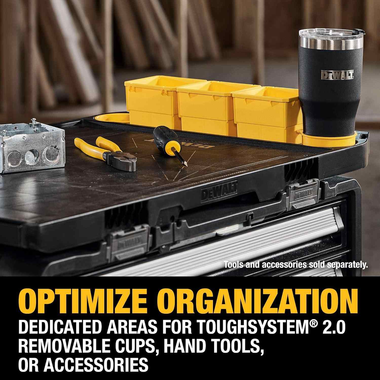 Close-up view of the worktop organizing loose tools and yellow storage cups, captioned Optimize Organization Dedicated areas for ToughSystem 2.0 removable cups, hand tools, or accessories.