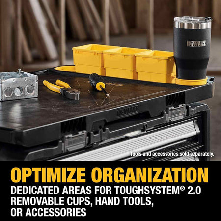 Close-up view of the worktop organizing loose tools and yellow storage cups, captioned Optimize Organization Dedicated areas for ToughSystem 2.0 removable cups, hand tools, or accessories.