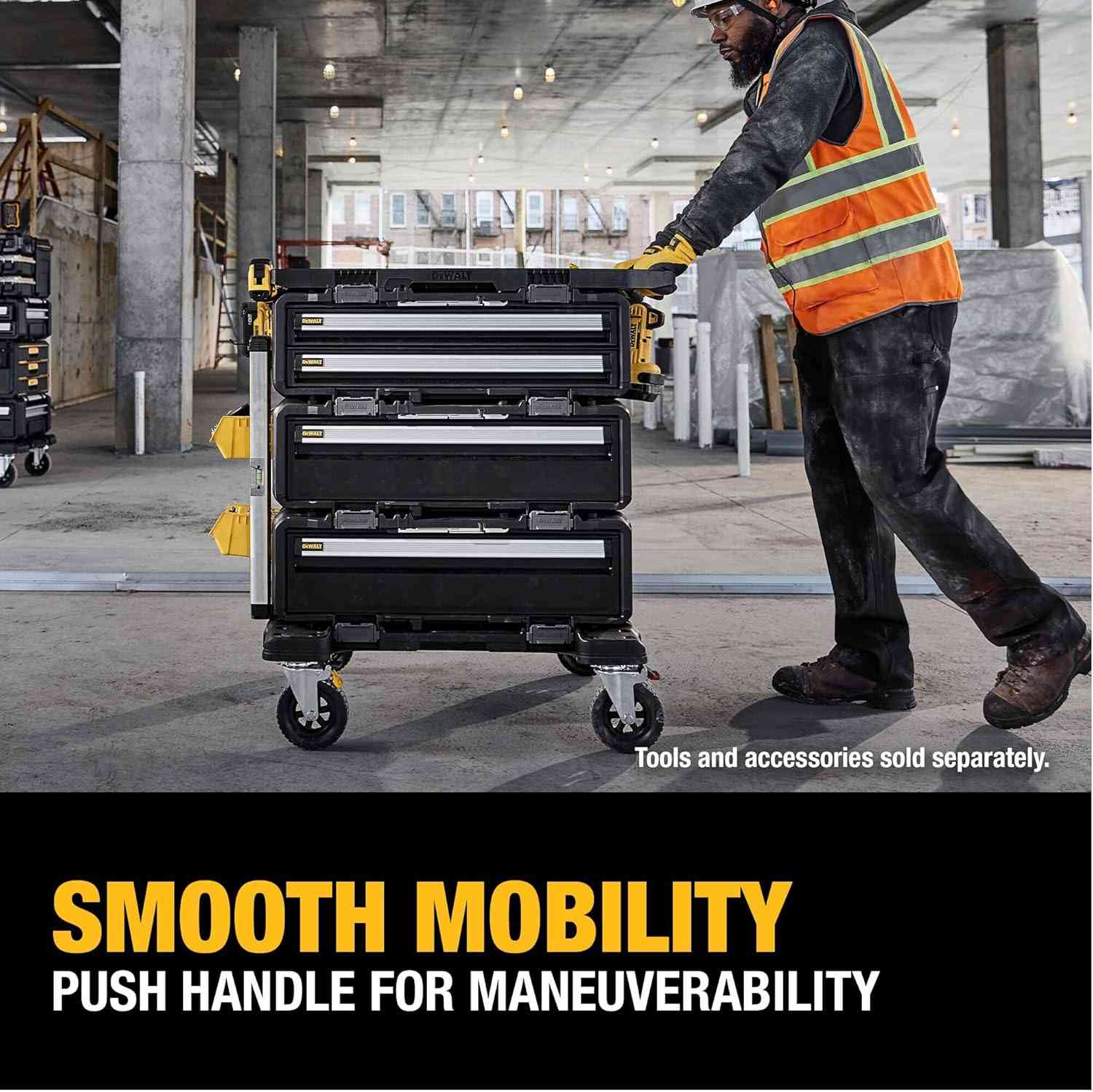 Action shot of a worker pushing a mobile stack using the worktop handle, captioned Smooth Mobility Push handle for maneuverability.