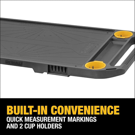 Close-up angled view of the worktop surface showing the angle markings and cup holders, captioned Built-In Convenience Quick measurement markings and 2 cup holders.