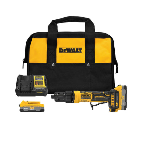 DeWalt DCG420E2 20V MAX cordless die grinder kit items arranged neatly against a white background featuring the yellow and black fabric contractor bag, a 4 amp DCB1104 multi-voltage battery charger, one 20V MAX XR PowerStack lithium-ion battery, and the brushless die grinder unit