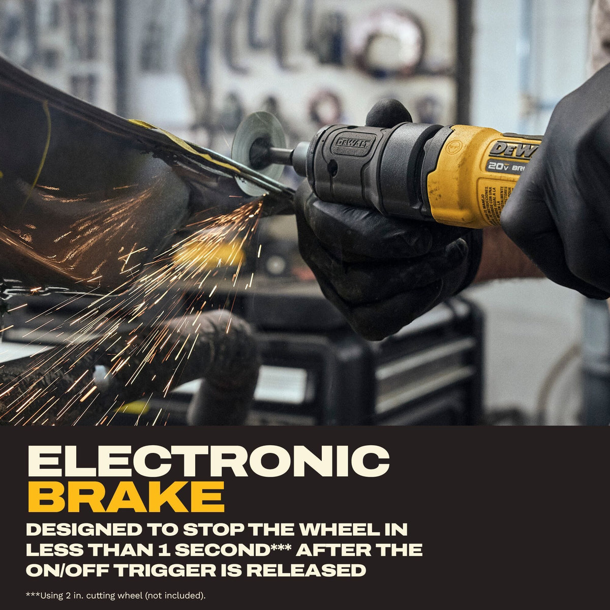 Action close-up image showing the DeWalt 20V MAX cordless brushless die grinder cutting through structural metal fabrication pieces with a high-velocity 2-inch cutting wheel, generating a stream of hot sparks, paired with technical descriptive text emphasizing the integrated quick-action electronic brake safety feature designed to stop accessory rotation in under one second