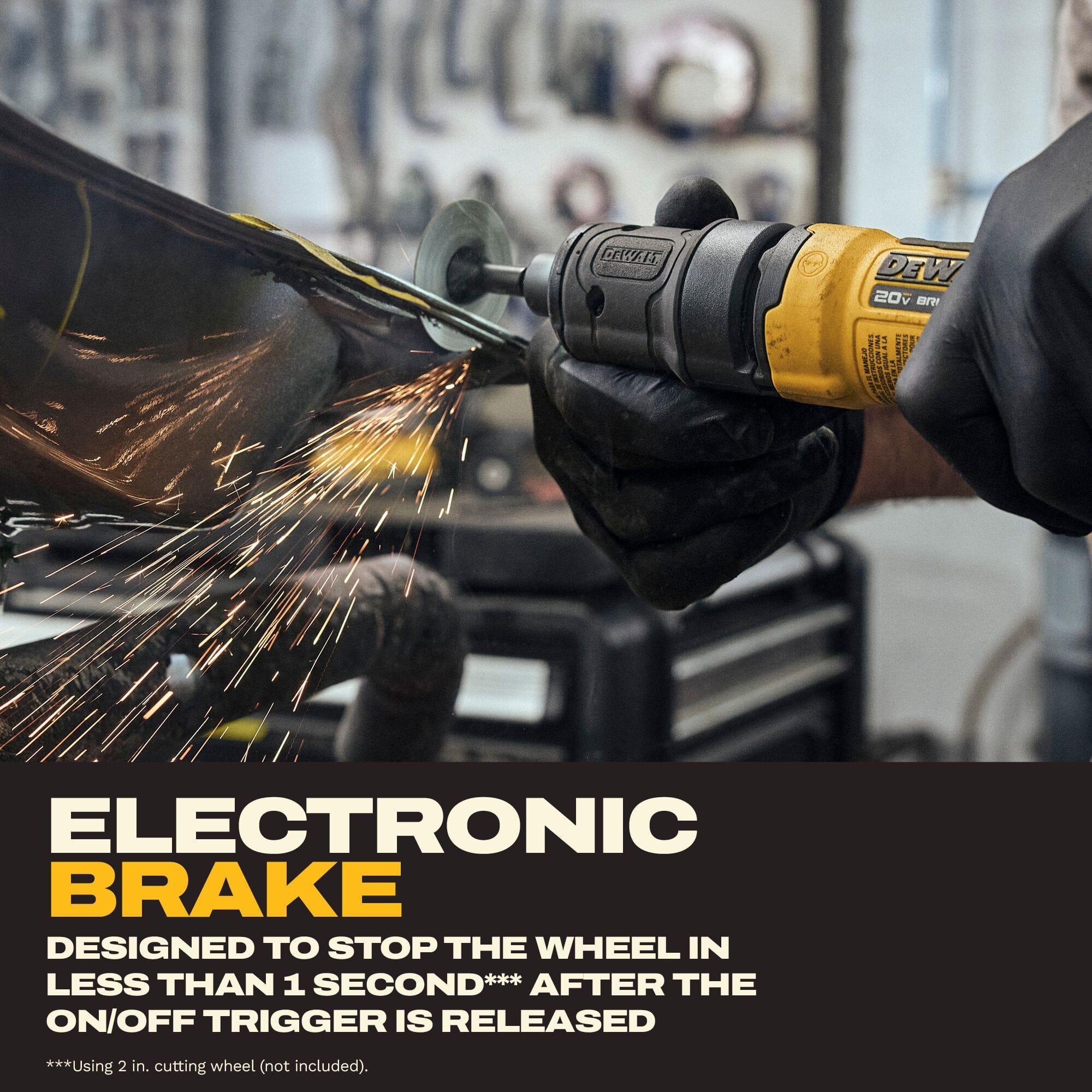 Action close-up image showing the DeWalt 20V MAX cordless brushless die grinder cutting through structural metal fabrication pieces with a high-velocity 2-inch cutting wheel, generating a stream of hot sparks, paired with technical descriptive text emphasizing the integrated quick-action electronic brake safety feature designed to stop accessory rotation in under one second
