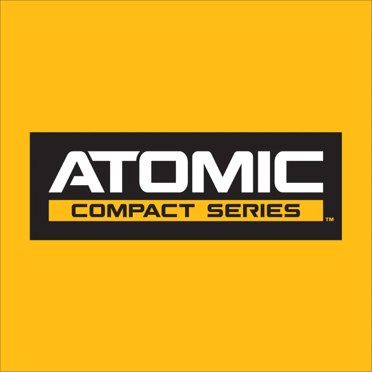 Official branding logo graphic for the DeWalt ATOMIC compact series power tool line displayed as a clean white and gold stylized text block centered on a solid high-visibility industrial yellow background