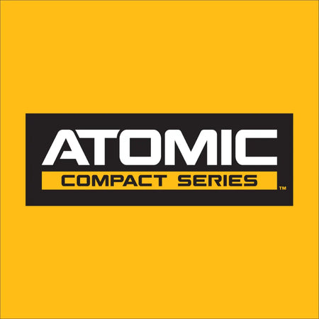 Official branding logo graphic for the DeWalt ATOMIC compact series power tool line displayed as a clean white and gold stylized text block centered on a solid high-visibility industrial yellow background