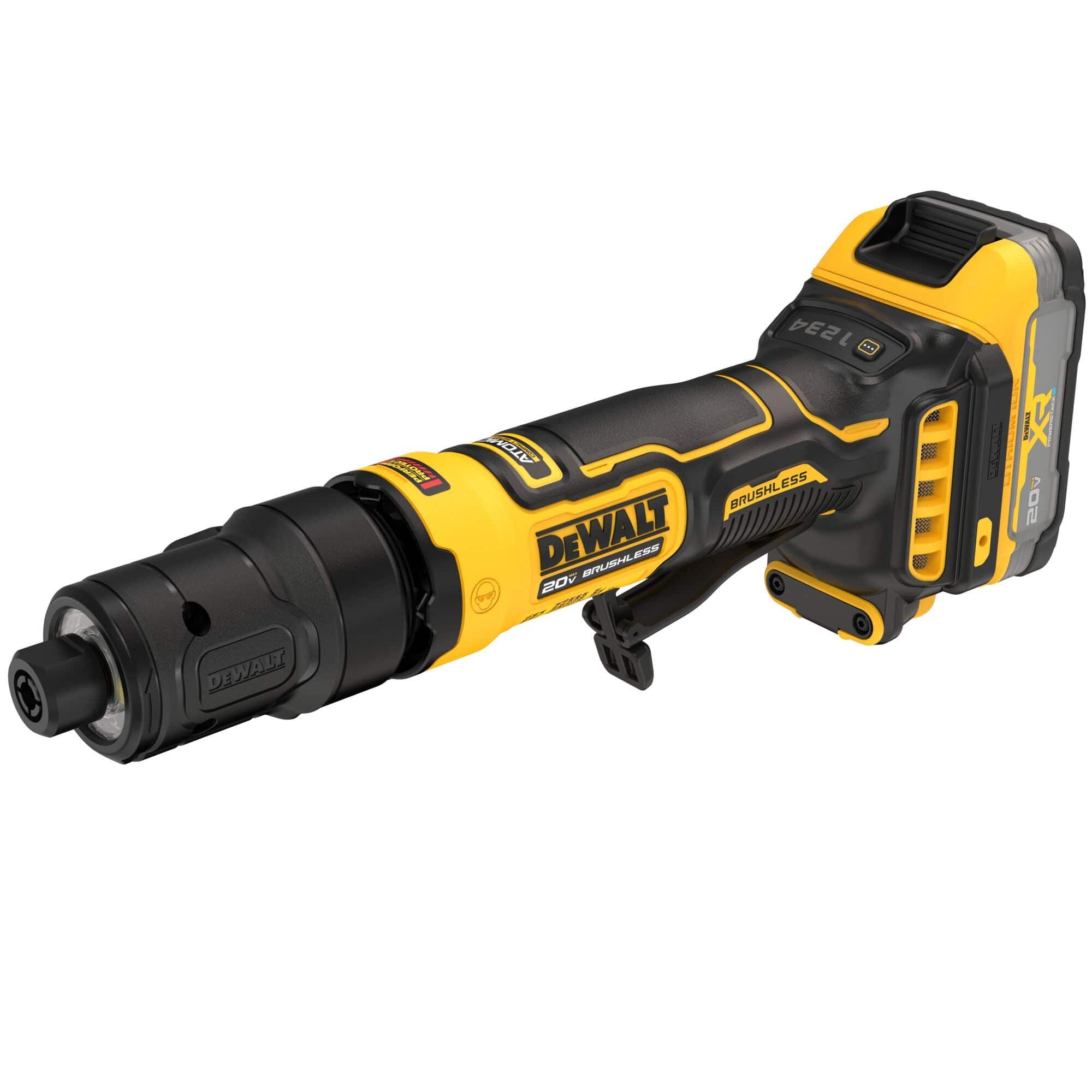 DeWalt 20V MAX cordless brushless die grinder shown from a front three-quarter angle perspective highlighting the black 1/4-inch collet chuck head, yellow and black composite motor housing with a textured rubber grip grip, a paddle switch trigger, and a rear battery mounting foot tracking an onboard LED light ring layout