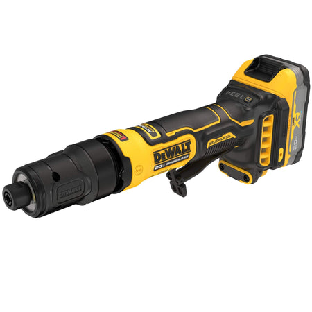 DeWalt 20V MAX cordless brushless die grinder shown from a front three-quarter angle perspective highlighting the black 1/4-inch collet chuck head, yellow and black composite motor housing with a textured rubber grip grip, a paddle switch trigger, and a rear battery mounting foot tracking an onboard LED light ring layout