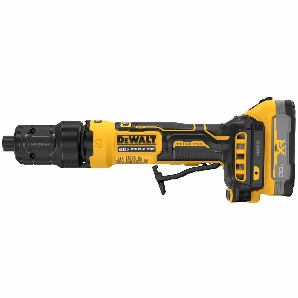 DeWalt cordless 20V MAX die grinder profile view from the left side showing the sleek inline handle ergonomics, structural safety paddle switch trigger arrangement, rear air filter intake vents, and a yellow composite body casing featuring embossed brand labels and performance data badges