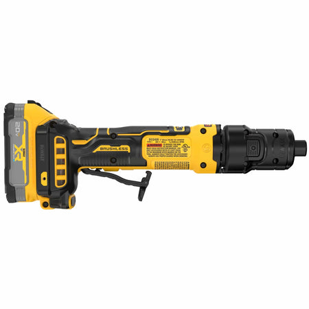 DeWalt 20V MAX brushless cordless die grinder profile view from the right side showcasing the yellow technical safety specification decal tracking UL and CUL compliance badges, alongside details regarding the 24500 RPM maximum velocity envelope and integrated Perform Protect anti-rotation engineering features