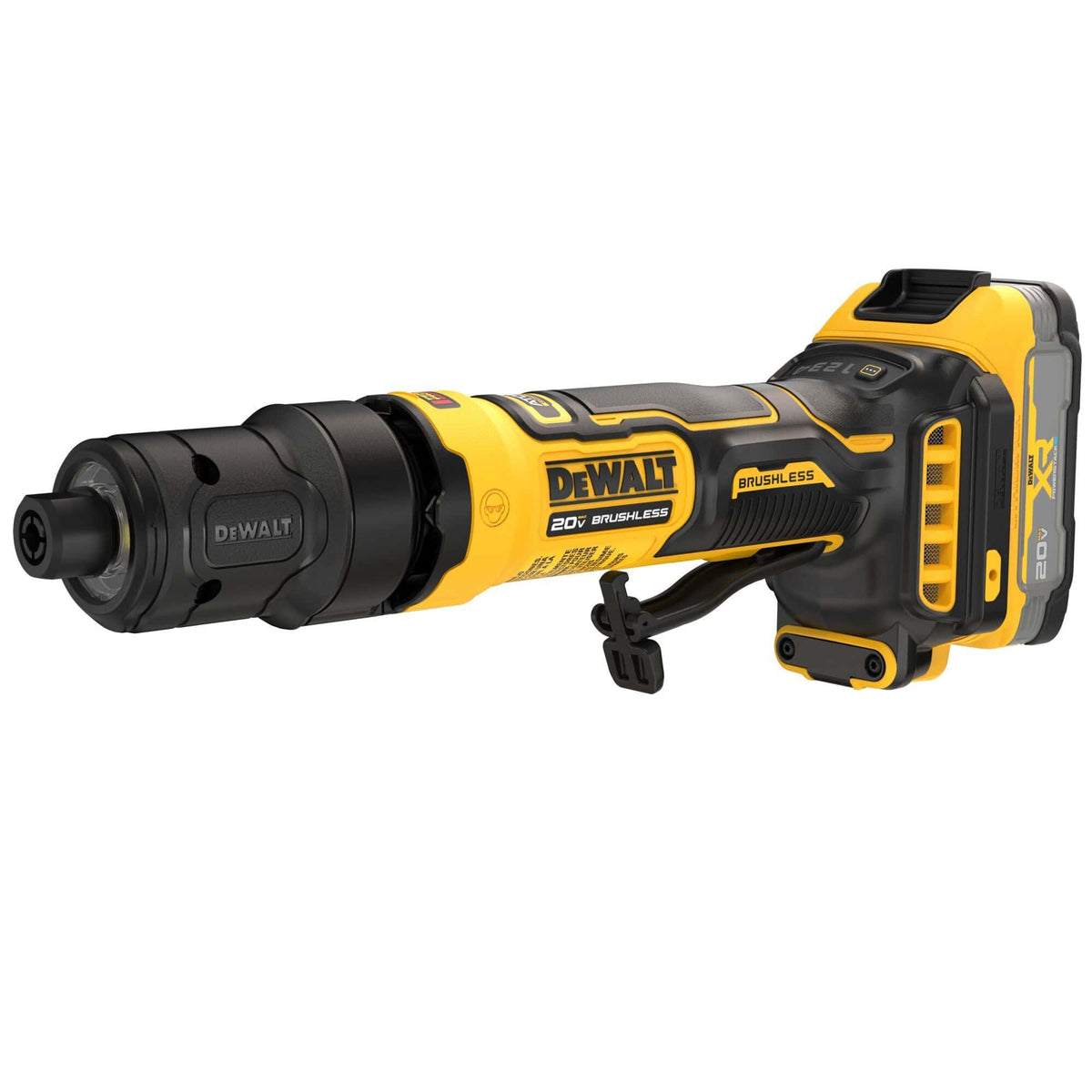 DeWalt ATOMIC series cordless brushless die grinder viewed from a low front three-quarter perspective detailing the dark rubber overmolded hand grip areas, an mechanical trigger lock-off lever, a black forward-facing exhaust nose piece casing, and a compact XR PowerStack lithium-ion battery pack slotted into the foot assembly