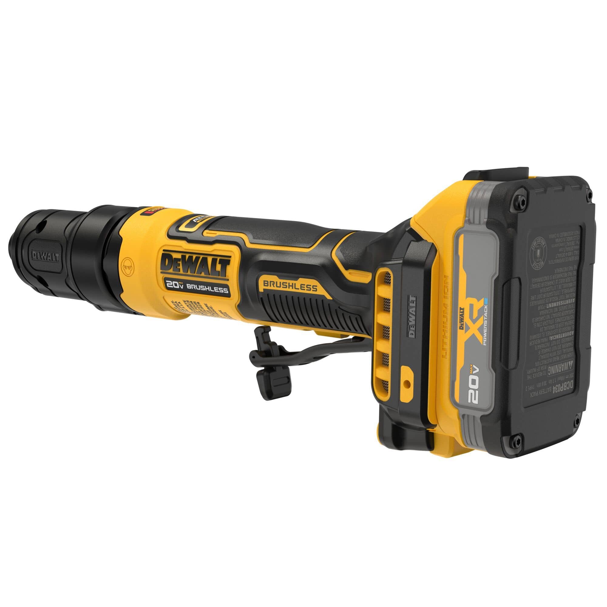 DeWalt 20V MAX cordless brushless die grinder shown from a low rear three-quarter perspective highlighting the base plate battery contact rails, rear ventilation pathways, structural yellow casing details, and the back housing face of the slotted compact 20V XR PowerStack lithium-ion battery module