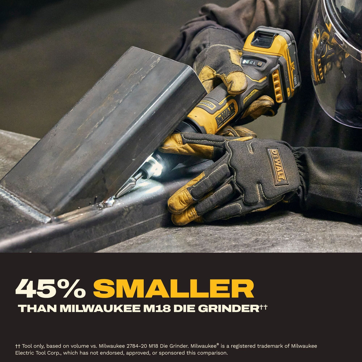 Industrial on-site application graphic highlighting an operator wearing heavy leather safety gloves using the DeWalt 20V MAX ATOMIC compact series cordless die grinder fitted with a sharp rotary burr bit to smooth down inner metal joints inside a thick structural carbon steel channel channel with textual references stating the tool is 45 percent smaller than 18V competitive frameworks