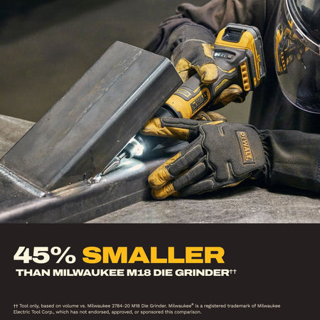 Industrial on-site application graphic highlighting an operator wearing heavy leather safety gloves using the DeWalt 20V MAX ATOMIC compact series cordless die grinder fitted with a sharp rotary burr bit to smooth down inner metal joints inside a thick structural carbon steel channel channel with textual references stating the tool is 45 percent smaller than 18V competitive frameworks
