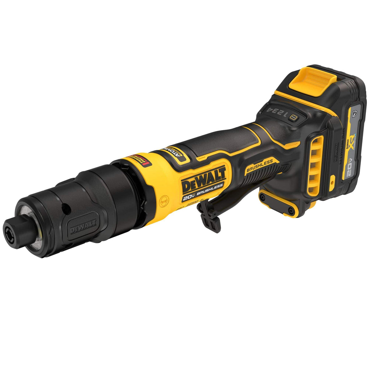 DeWalt 20V MAX cordless brushless die grinder shown from a front three-quarter angle perspective highlighting the black 1/4-inch collet chuck head, yellow and black composite motor housing with a textured rubber overmolded grip, safety paddle switch trigger, and a rear battery mounting foot tracking an onboard LED light ring layout