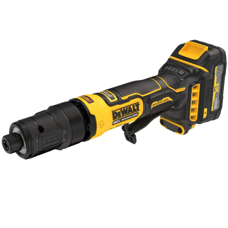 DeWalt 20V MAX cordless brushless die grinder shown from a front three-quarter angle perspective highlighting the black 1/4-inch collet chuck head, yellow and black composite motor housing with a textured rubber overmolded grip, safety paddle switch trigger, and a rear battery mounting foot tracking an onboard LED light ring layout