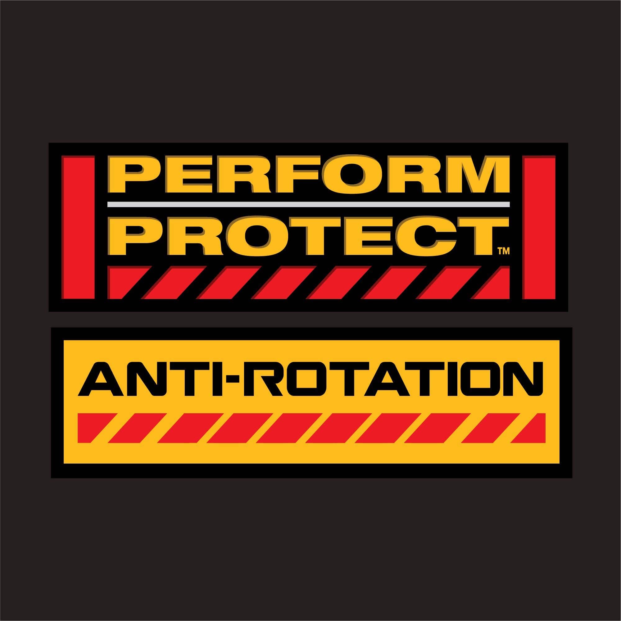 DeWalt safety features logo panel showcasing the official Perform Protect emblem stacked directly above the high-visibility yellow and red Anti-Rotation warning badge designed to identify torque monitoring protection in cordless industrial tools