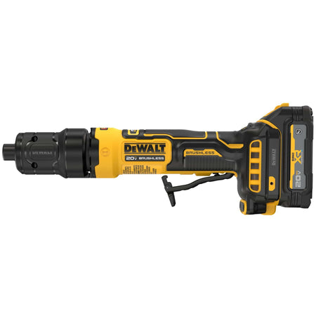 DeWalt cordless 20V MAX die grinder profile view from the left side showing the sleek inline handle ergonomics, structural safety paddle switch trigger arrangement, rear air filter intake vents, and a yellow composite body casing featuring embossed brand labels and performance data badges