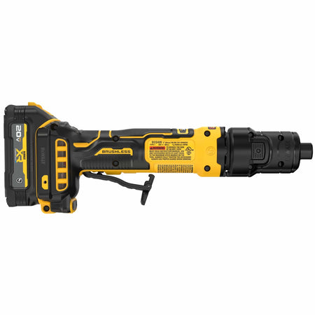 DeWalt 20V MAX brushless cordless die grinder profile view from the right side showcasing the yellow technical safety specification decal tracking UL and CUL compliance badges, alongside details regarding the 24500 RPM maximum velocity envelope and integrated Perform Protect anti-rotation engineering features