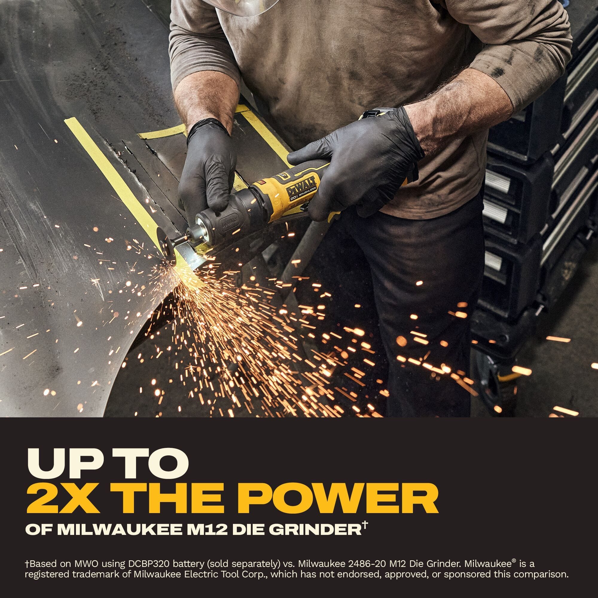 Industrial graphic showing a tradesperson wearing protective black nitrile gloves using the DeWalt 20V MAX ATOMIC cordless die grinder fitted with a thin abrasive wheel to cut sheet metal, producing bright orange friction sparks, under a promotional text layout highlighting that the brushless motor configuration delivers up to two times the power of compact competitive tool systems