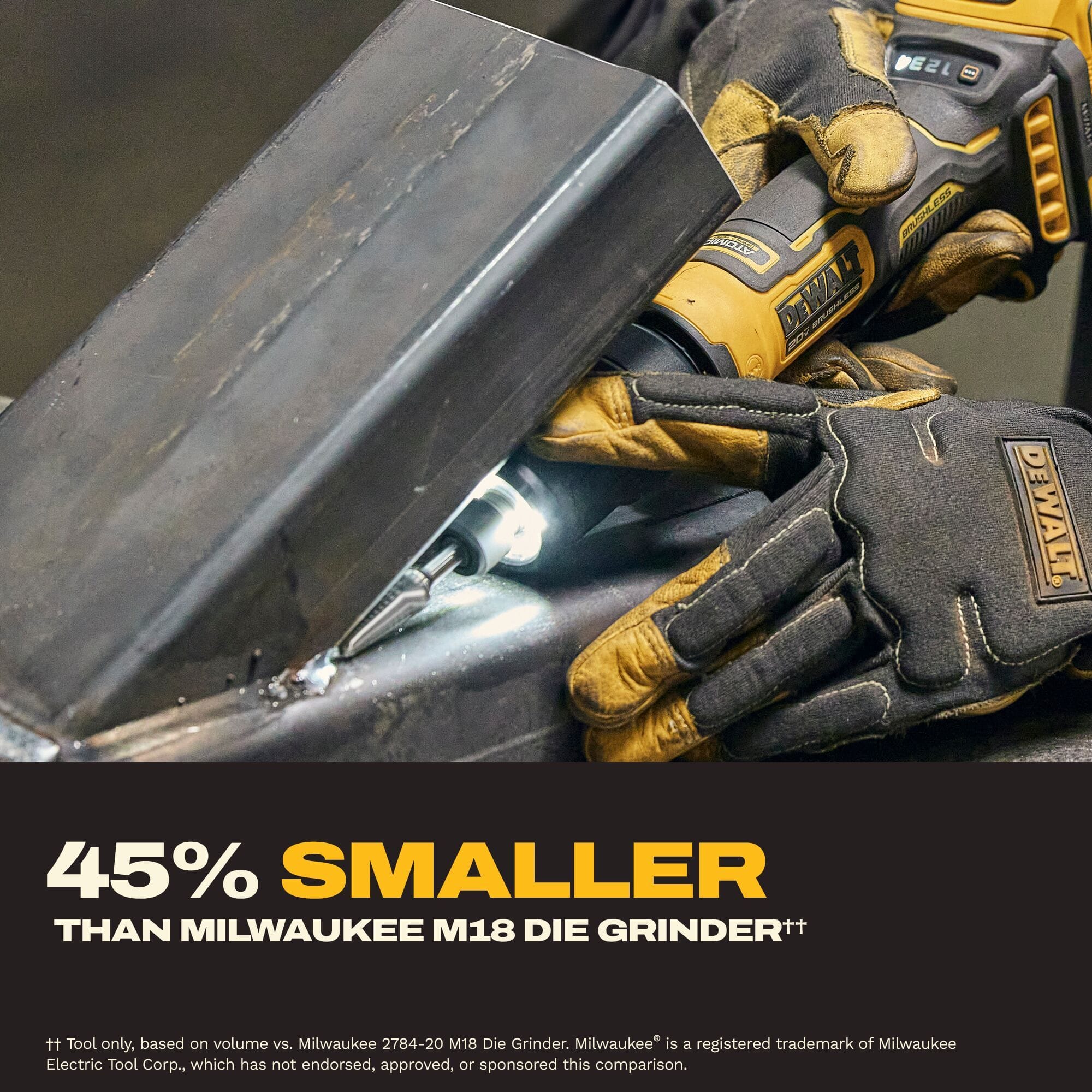 Industrial on-site application graphic highlighting an operator wearing heavy leather safety gloves using the DeWalt 20V MAX ATOMIC compact series cordless die grinder fitted with a sharp rotary burr bit to smooth down inner metal joints inside a thick structural carbon steel channel with textual references stating the tool is 45 percent smaller than 18V competitive frameworks