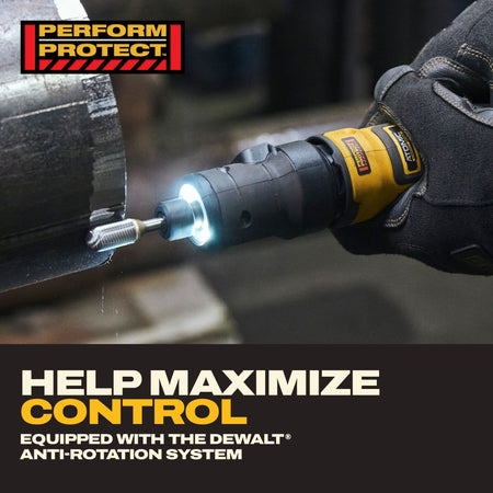Close-up action view of a metal fabricator utilizing the DeWalt 20V MAX cordless die grinder to grind down scale layers on a heavy steel pipe while an integrated bright onboard LED light ring brilliantly illuminates the focal contact zone under a textual overlay highlighting the integrated Perform Protect anti-rotation safety system