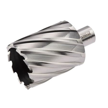 DeWalt high speed steel HSS annular cutter model DWAC02031 viewed from a low forward angle showcasing the sharp precision ground teeth configuration and spiral flutes of the hollow core metal drill bit.