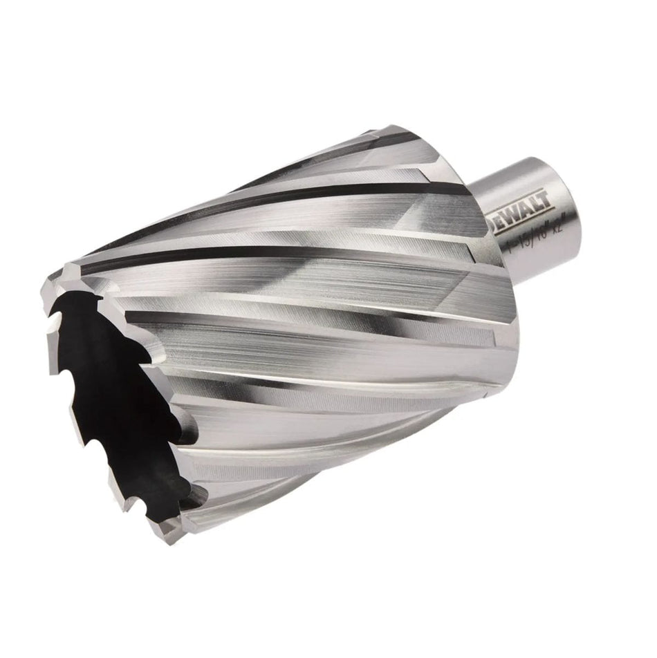 DeWalt high speed steel HSS annular cutter model DWAC02031 viewed from a low forward angle showcasing the sharp precision ground teeth configuration and spiral flutes of the hollow core metal drill bit.