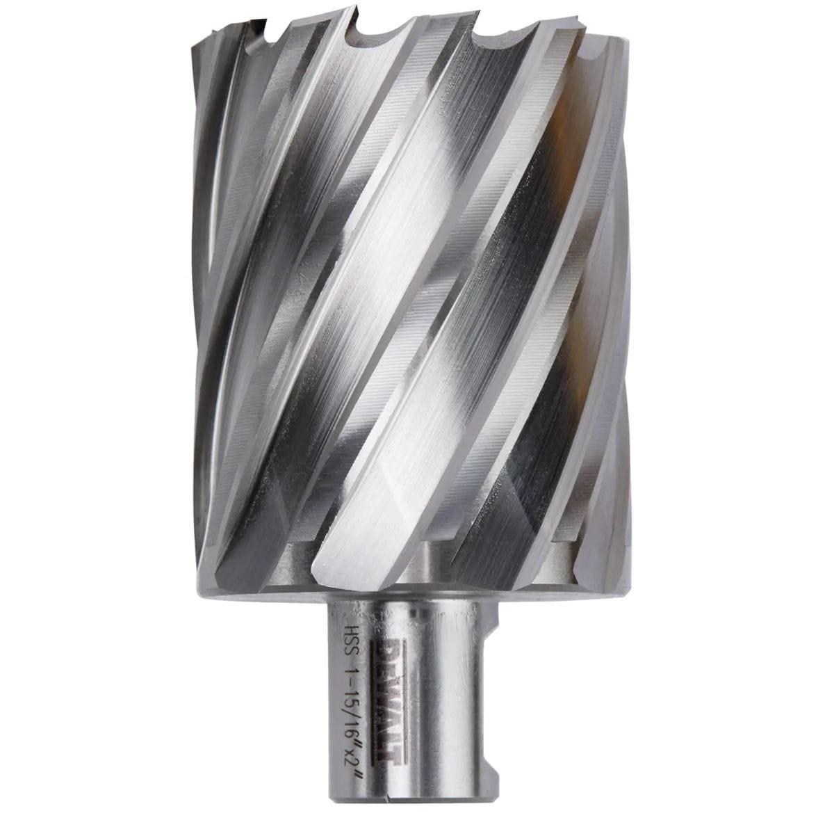 Profile view of the DeWalt 1-15/16 inch by 2 inch heavy duty annular cutter showing the deep core flute geometry and laser etched brand details on the 3/4 inch Weldon shank interface.
