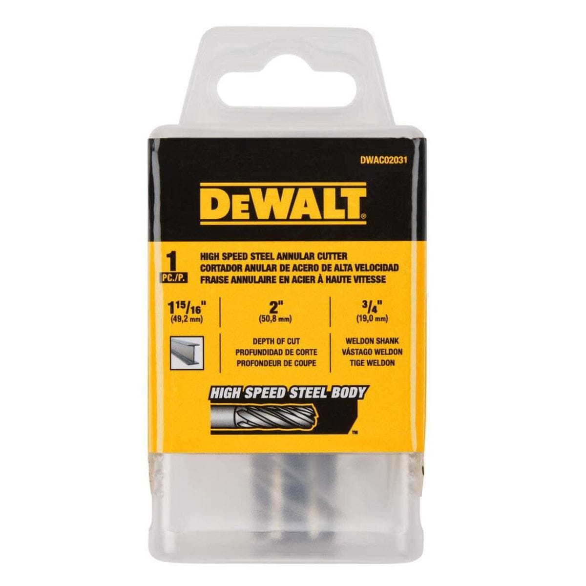 Retail plastic case packaging for the DeWalt 1-15/16 inch HSS annular core drill bit displaying high-contrast yellow and black branding labels with dimensions for 2 inch depth of cut and 3/4 inch Weldon shank compatibility.