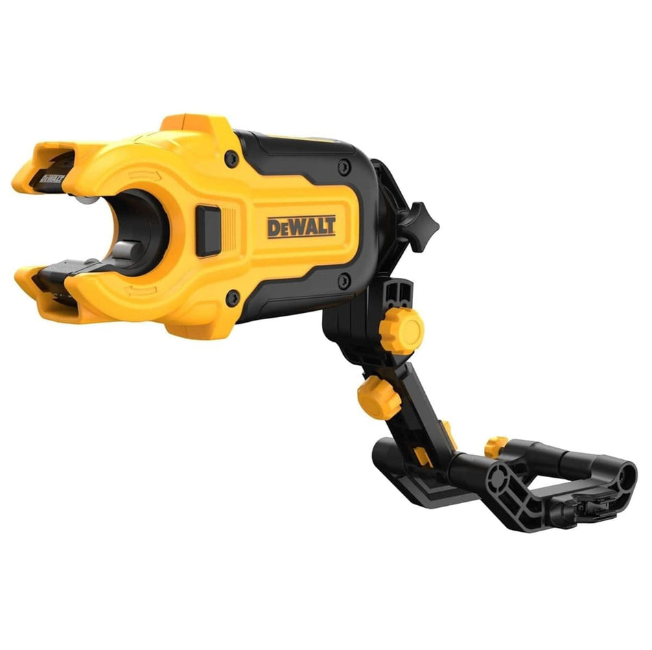 Studio view of the DeWalt Impact Connect copper pipe cutter attachment featuring a large yellow C-shaped cutting head and an adjustable black brace arm for stability.