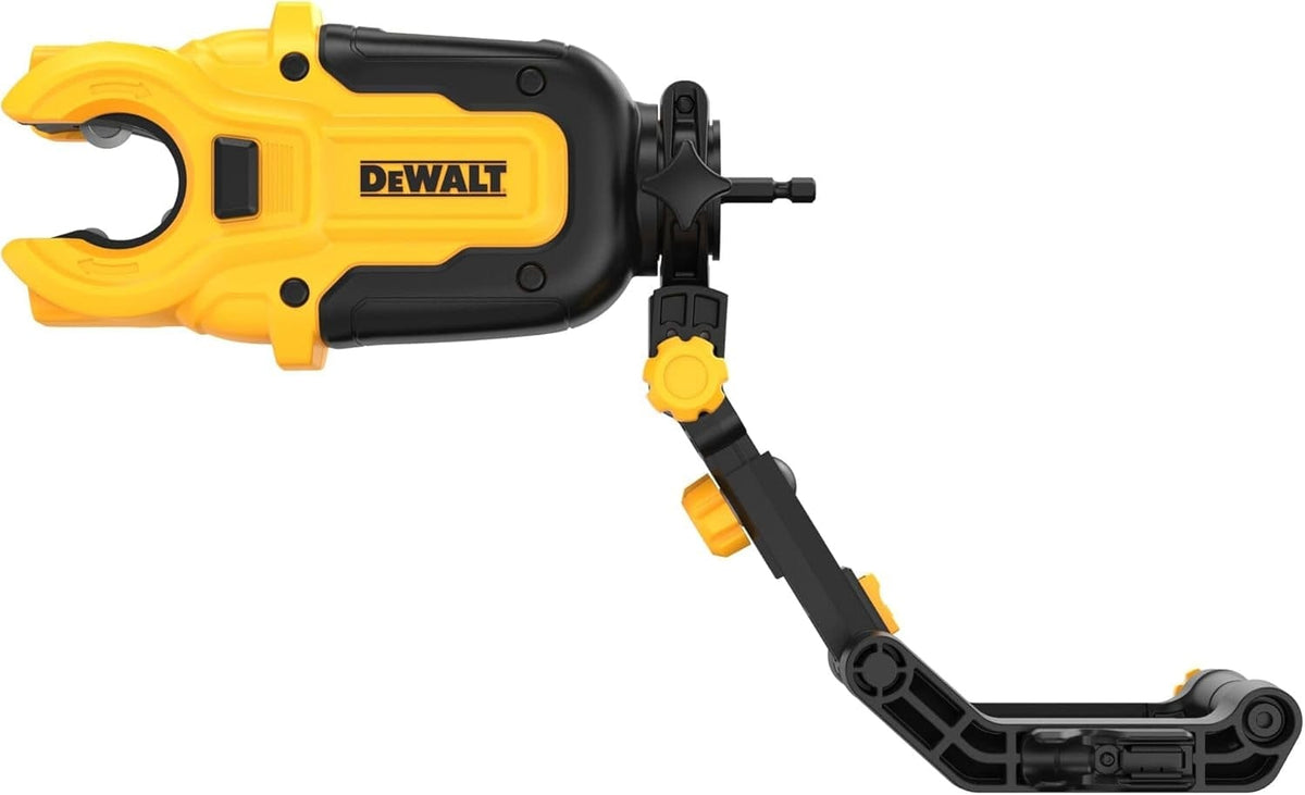 Side profile view of the attachment displaying the 1/4-inch hex shank drive shaft and the articulated black brace bracket designed to clamp onto an impact driver.