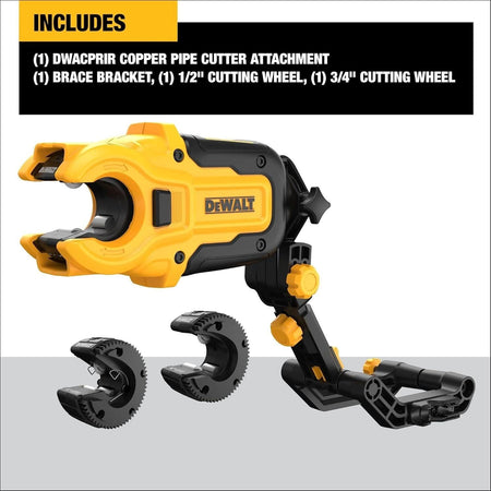 Visual list of included components showing the main copper pipe cutter attachment, the separate brace bracket, and two semicircular cutting wheels for 1/2 inch and 3/4 inch pipes.