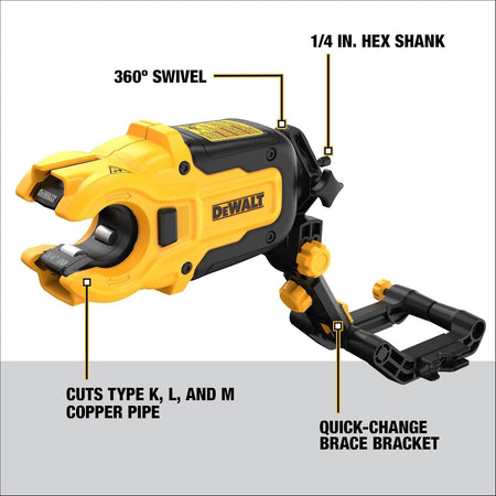Features diagram highlighting the 360-degree swivel head, 1/4 inch hex shank, quick-change brace bracket, and the ability to cut Type K, L, and M copper pipe.