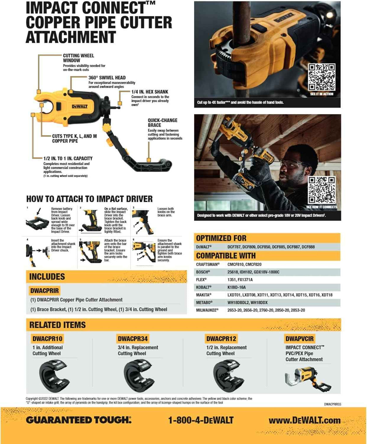 Detailed product infographic containing step-by-step instructions on how to attach the tool to a driver, a list of compatible impact driver brands, and related accessories.