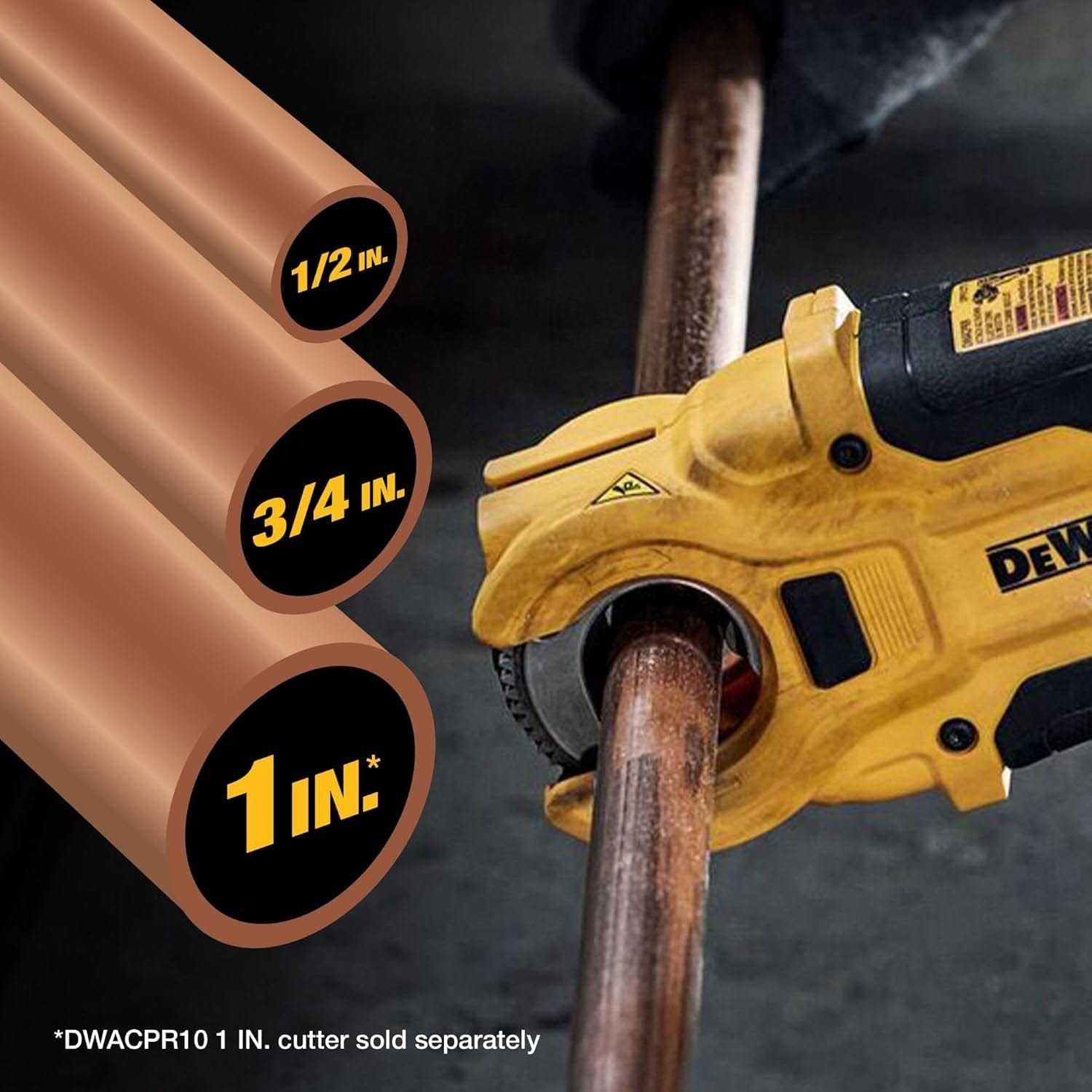 Action shot of the attachment cutting a copper pipe, with graphic overlays indicating compatibility with 1/2 inch, 3/4 inch, and 1 inch pipes (noting 1 inch wheel is sold separately).