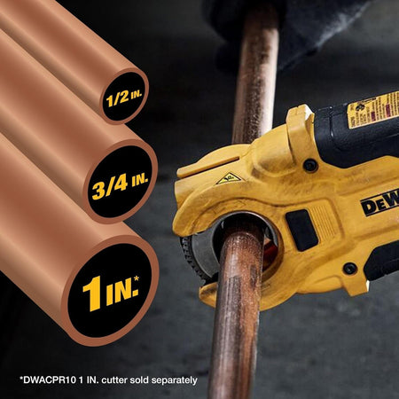 Action shot of the attachment cutting a copper pipe, with graphic overlays indicating compatibility with 1/2 inch, 3/4 inch, and 1 inch pipes (noting 1 inch wheel is sold separately).