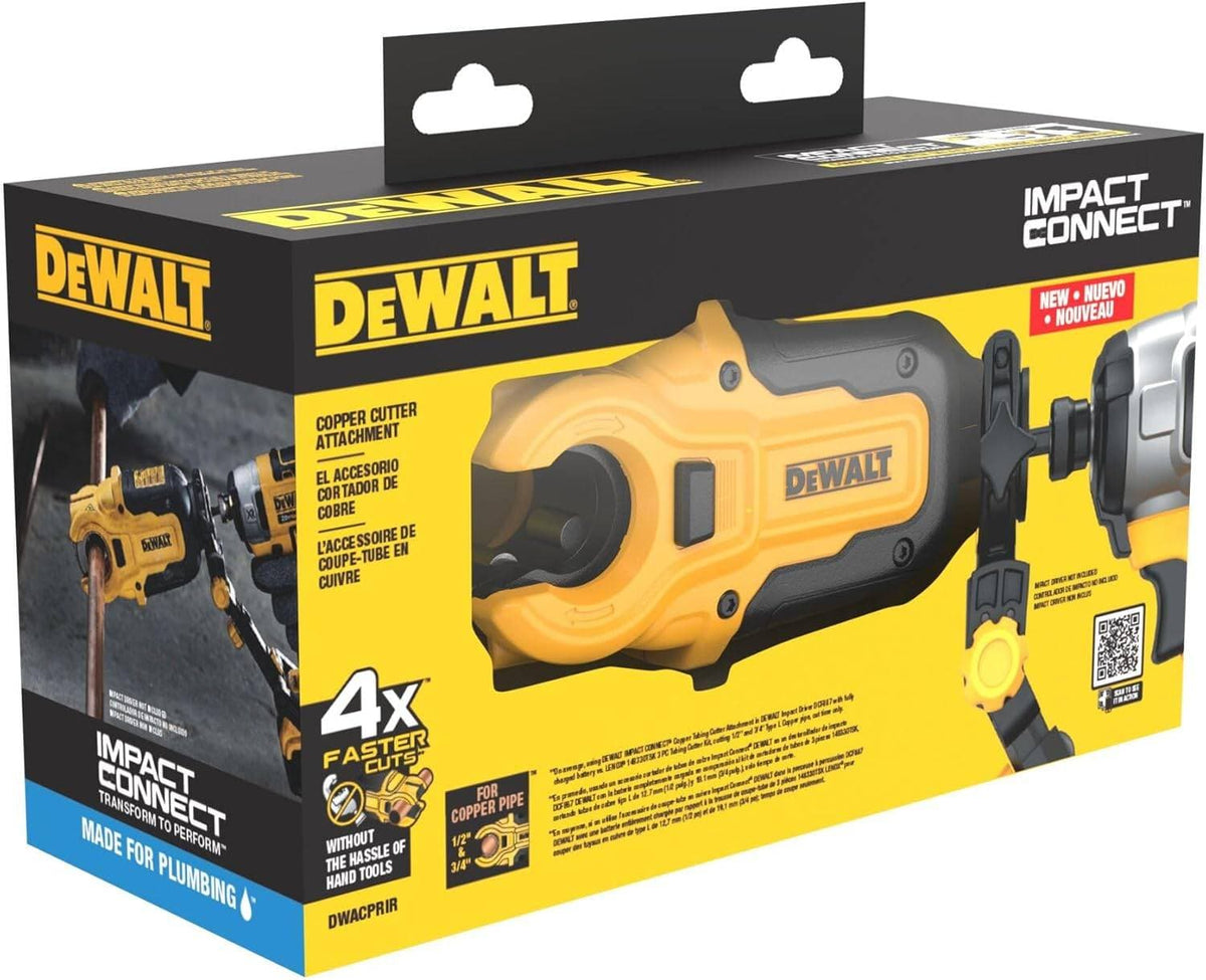 Retail packaging box for the DeWalt Impact Connect Copper Cutter Attachment, displaying the tool and text highlighting "4X Faster Cuts" and "Made for Plumbing".