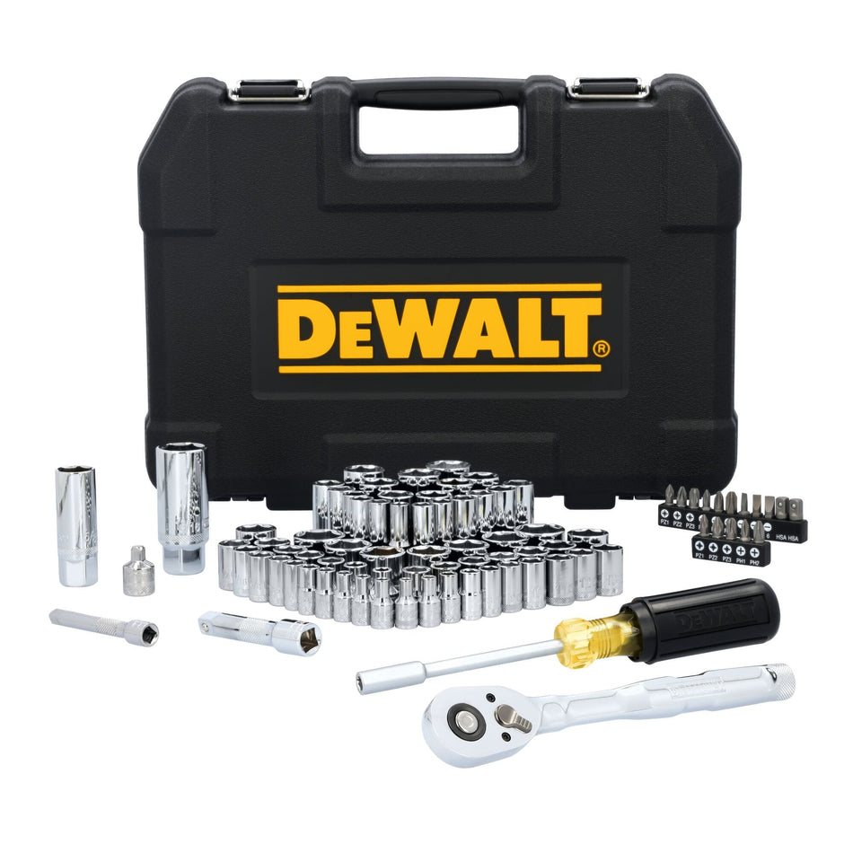 DeWalt DWMT45424 84-piece mechanics tool set laid out with sockets, ratchets, extensions, and the hard plastic storage case.