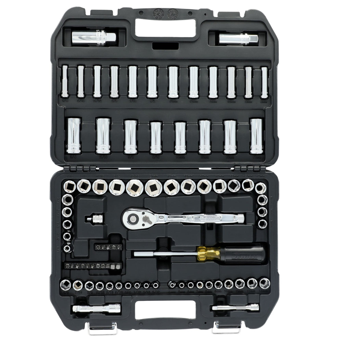 Open blow-molded storage case displaying the organized layout of sockets and components in the DeWalt 84-piece set.