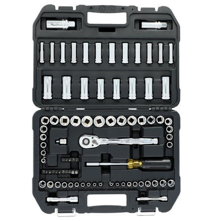Open blow-molded storage case displaying the organized layout of sockets and components in the DeWalt 84-piece set.
