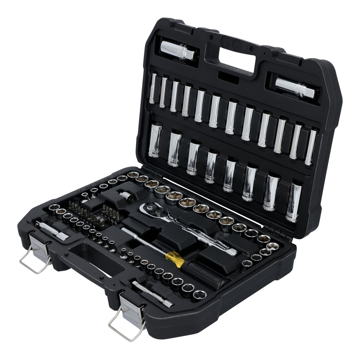 Angled view of the open DeWalt 84-piece mechanics tool case showing dedicated storage slots for ratchets, bits, and sockets.