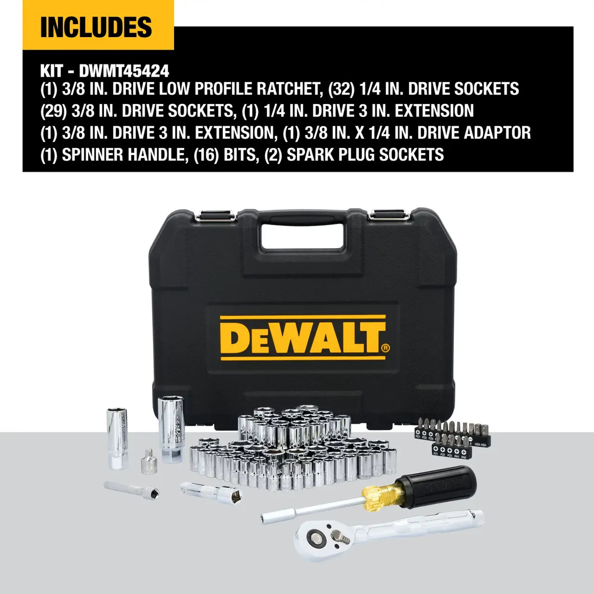 Overview list graphic detailing the exact components included in the DeWalt DWMT45424 84-piece mechanics tool kit.