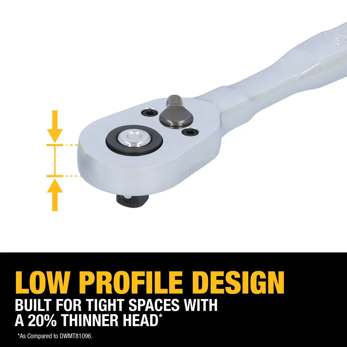 Close-up of the DeWalt low-profile ratchet head highlighting the 20% thinner profile for working in tight spaces.