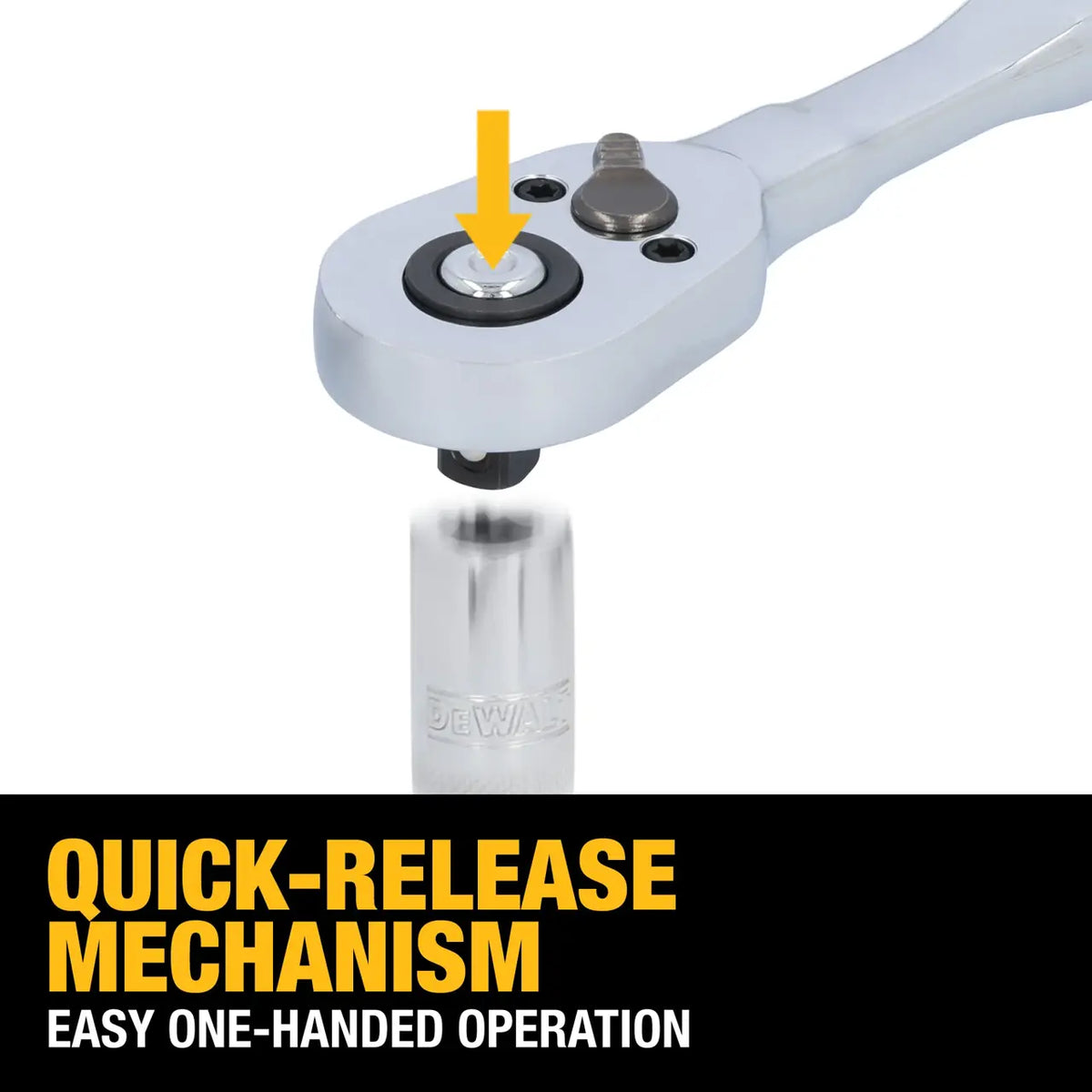 Demonstration of the quick-release mechanism button on the DeWalt ratchet for fast, one-handed socket changes.