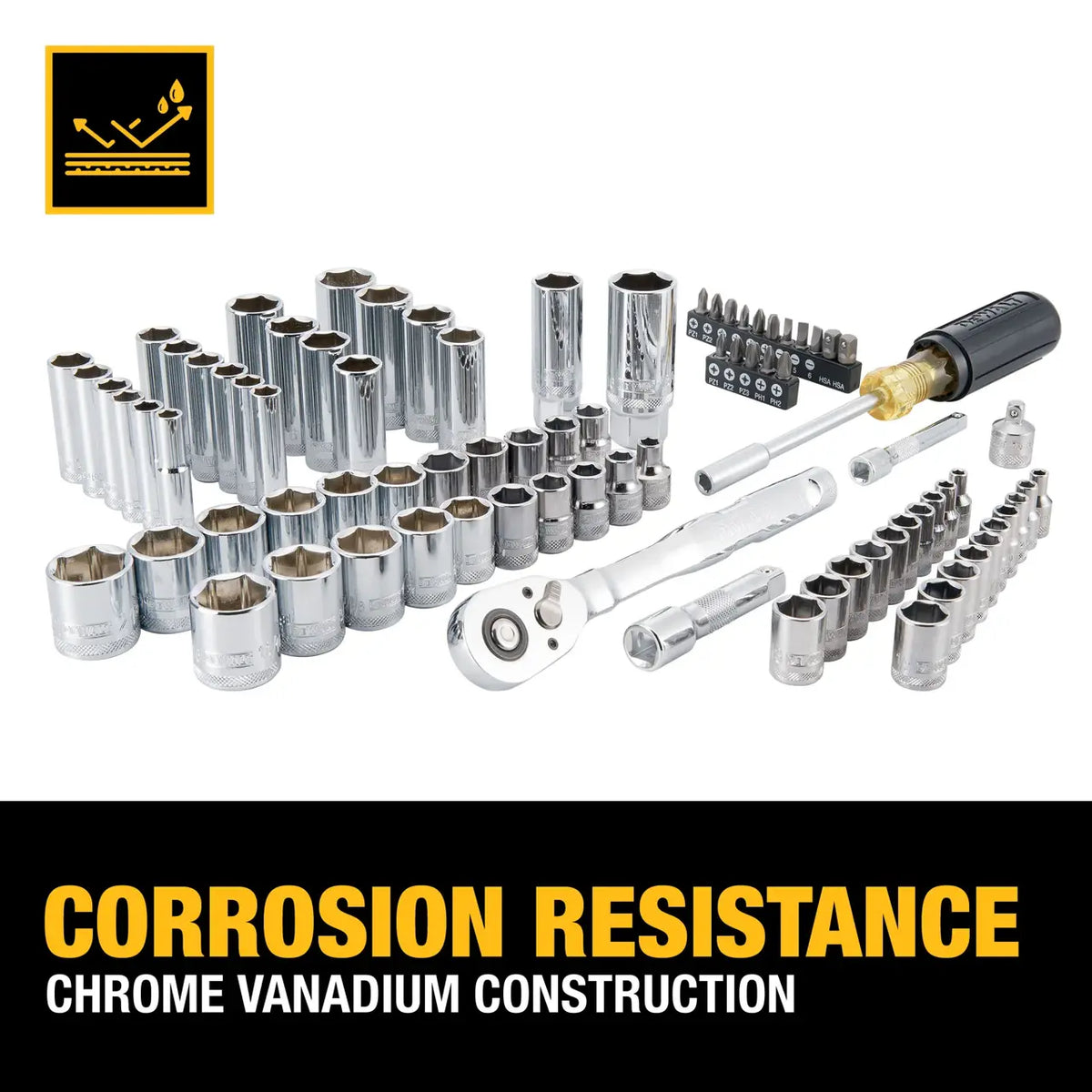 Corrosion-resistant chrome vanadium steel sockets and drive tools included in the DeWalt 84-piece mechanics set.