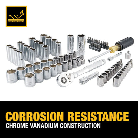 Corrosion-resistant chrome vanadium steel sockets and drive tools included in the DeWalt 84-piece mechanics set.
