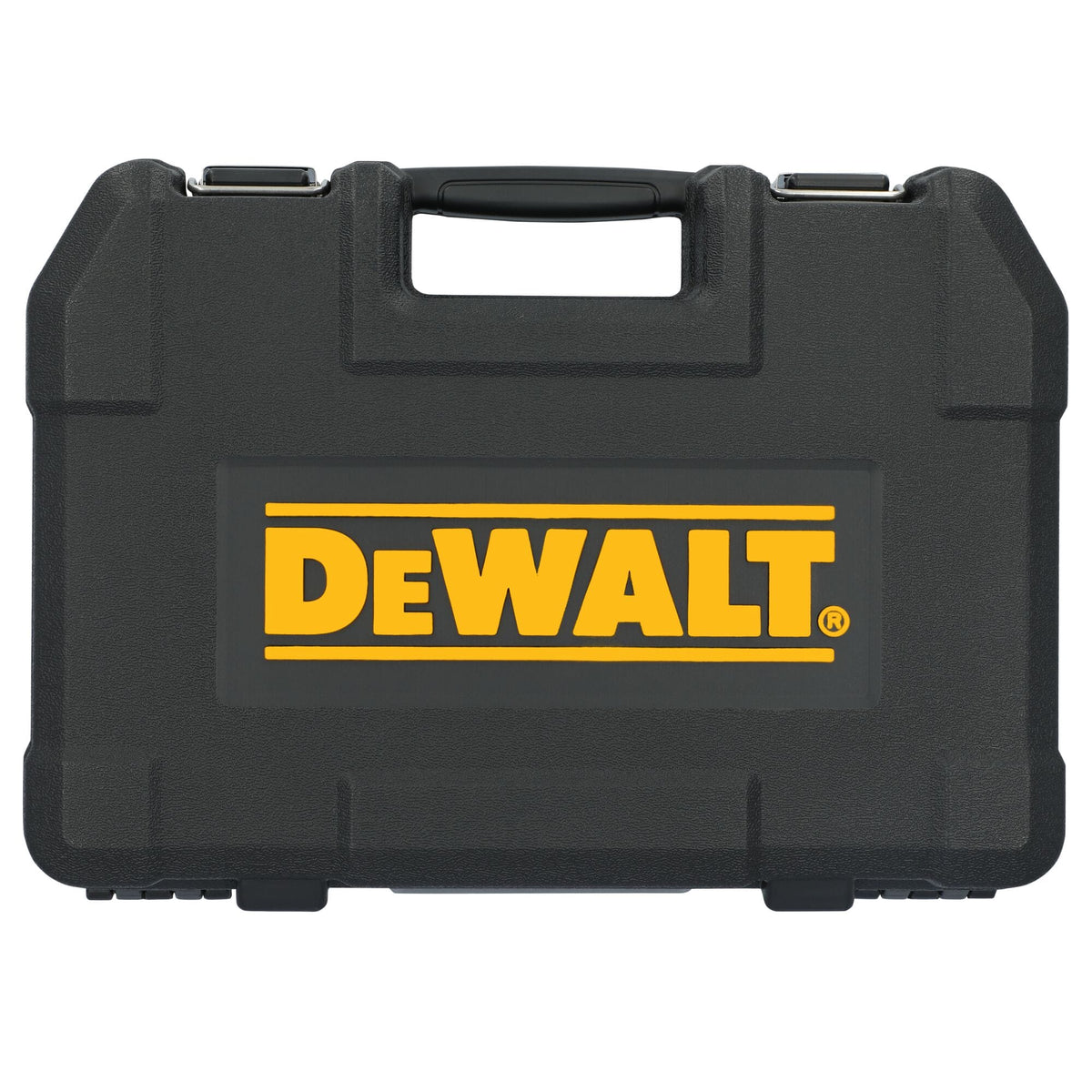 Front profile view of the closed black hard plastic carrying case featuring the yellow DeWalt brand logo.