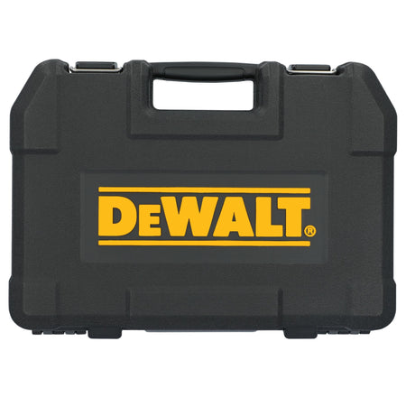 Front profile view of the closed black hard plastic carrying case featuring the yellow DeWalt brand logo.