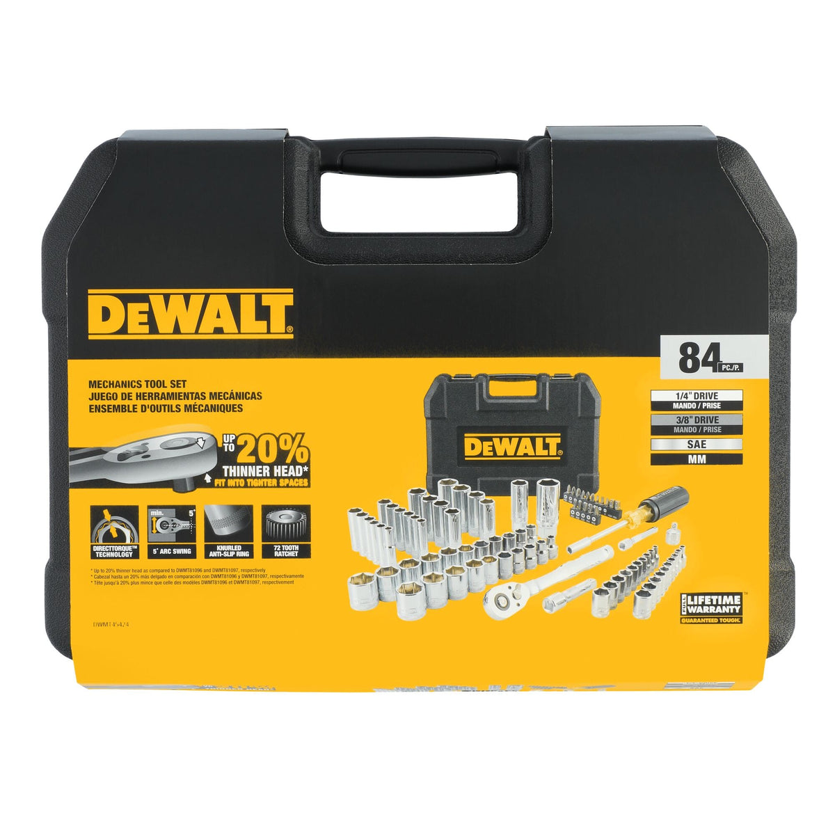Retail packaging sleeve for the DeWalt DWMT45424 set showing key features like 72-tooth ratchets and DirectTorque technology.