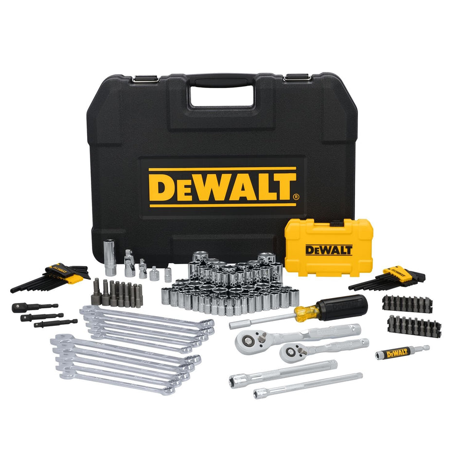 DeWalt DWMT45425 142-piece mechanics tool set displayed with chrome sockets, combination wrenches, ratchets, and storage case.